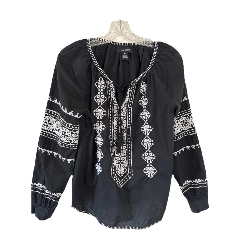 Karen Kane White Black Embroidered Tunic Luxe Boho‎ Chic Long Sleeve Size XS
